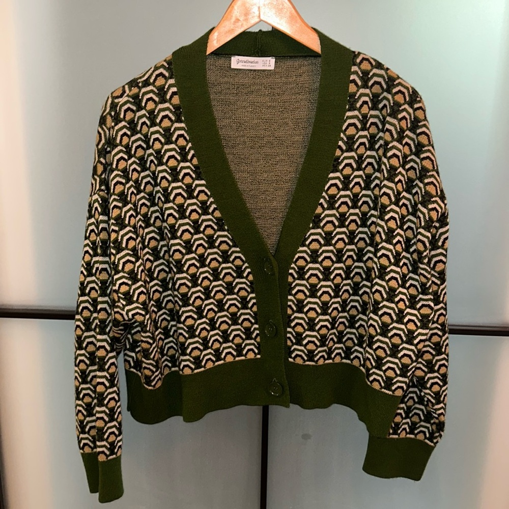STRADIVARIUS Oversized Print Cropped Cardigan Sweater